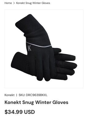Konekt Equestrian Black Snug Winter Gloves Small